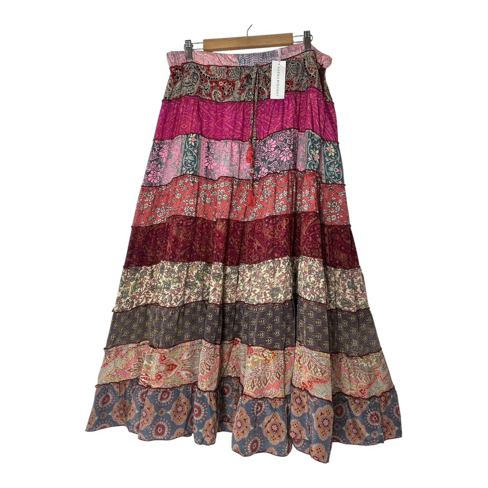 New Karma Highway Bohemian Patchwork Maxi Skirt Tiered Maximalist Print One Size
